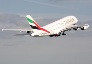 Emirates A380 A6-EDE departs Birmingham (BHX) for Dubai on EK040 on 9 Sep 2009.